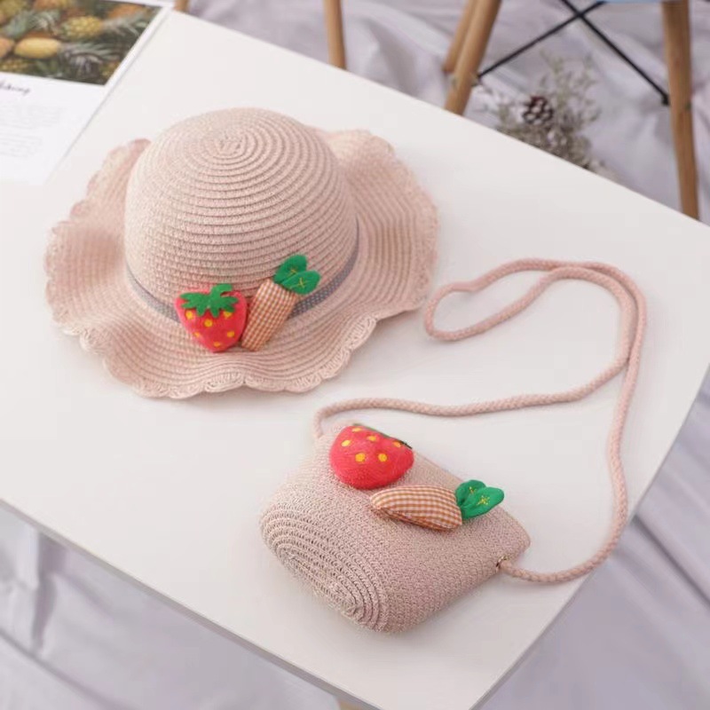 Child Girls Kids Large Brim Beach Summer Sun Hat Fur Ball Decoration Straw Hat And Bag Set For Beach